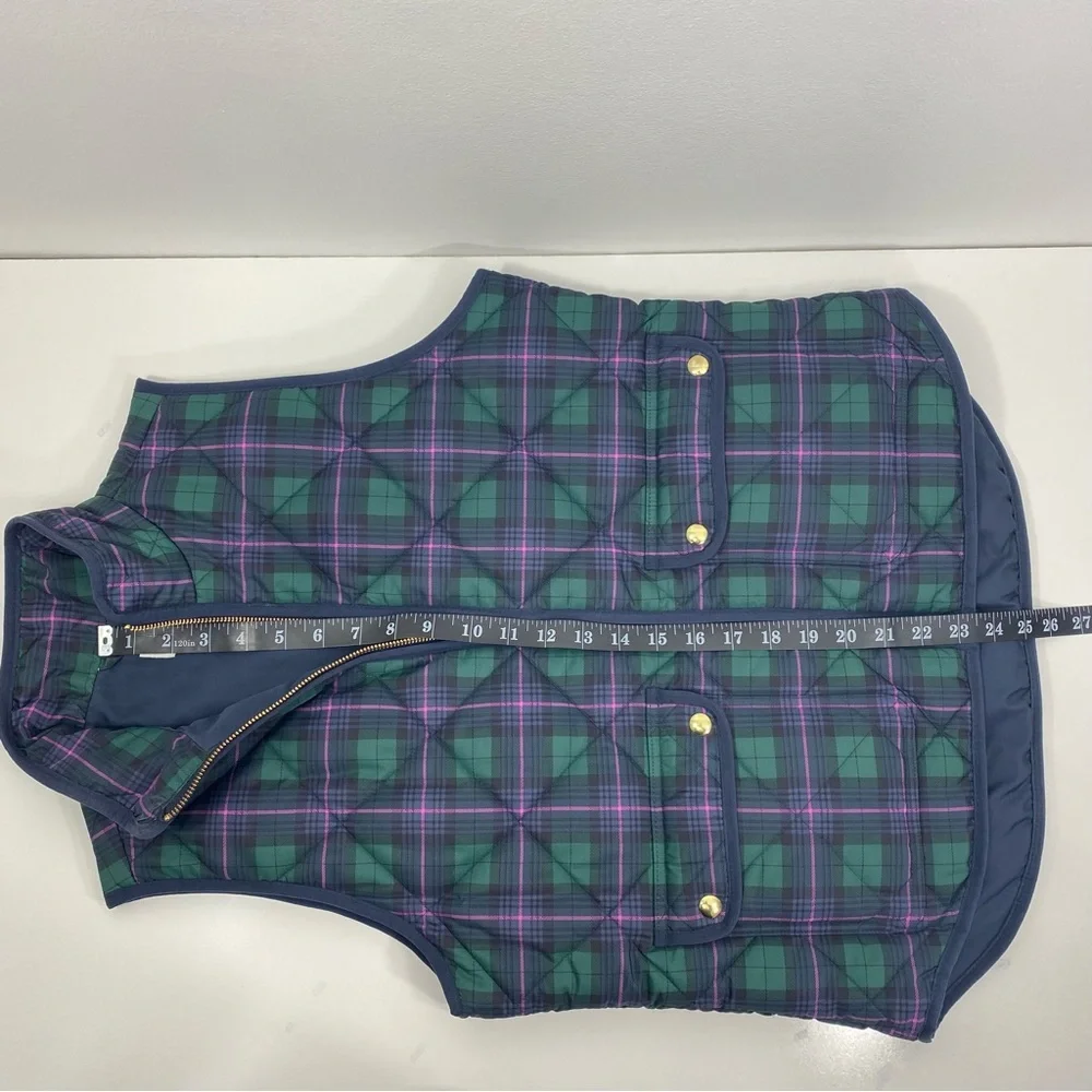 J. Crew Tartan Plaid Quilted Insulated Puffer Vest Jacket Navy Blue Green Pink S